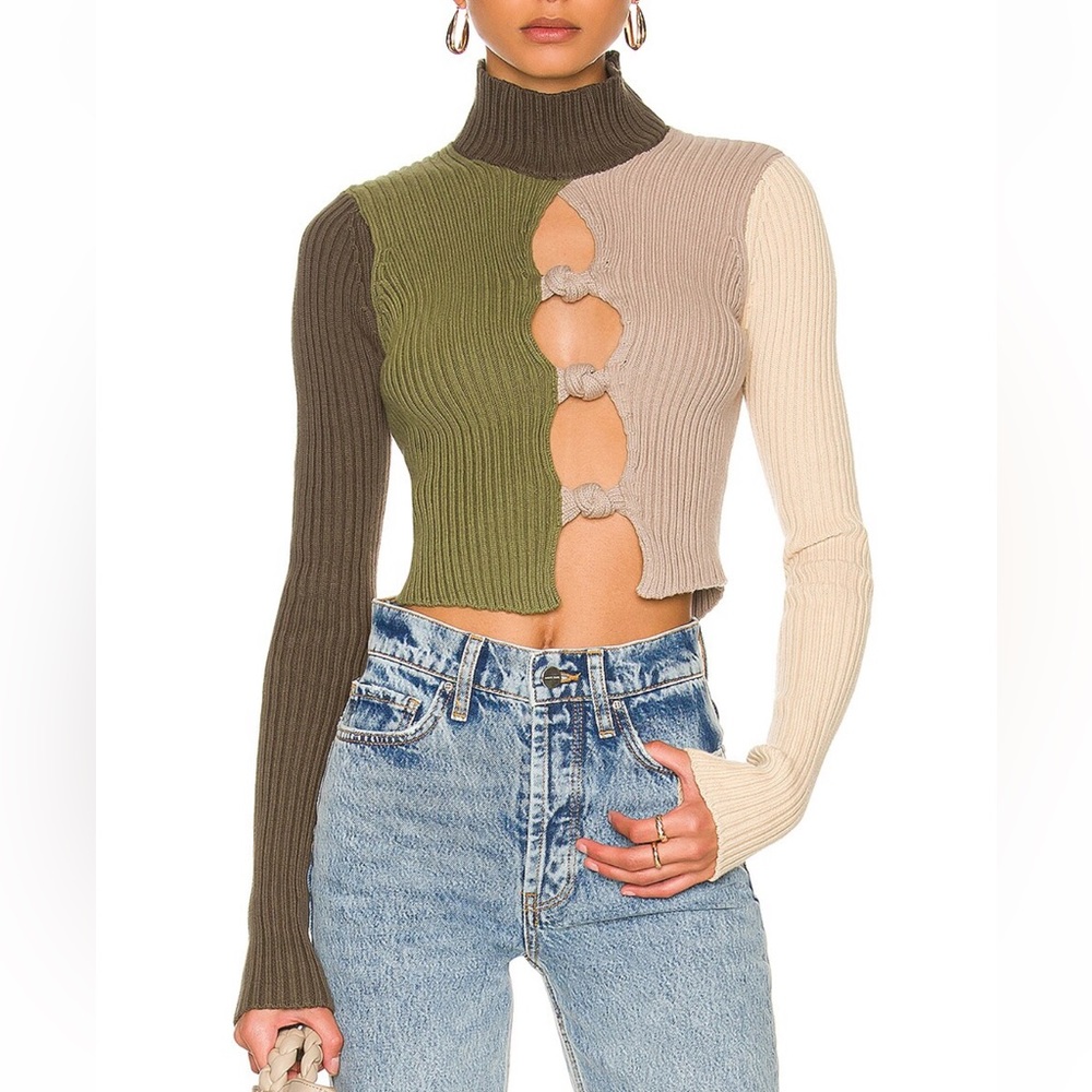 Danielle Guizio Rib Knit Knotted Long Sleeve Top